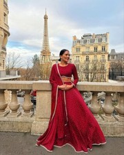 Launching Chinnon Silk Lehenga Choli With Red Dupatta For Festival Wear