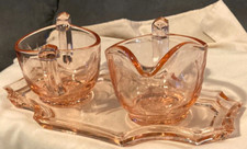 VTG 1930's Pink Depression Glass Creamer/Sugar Bowl/Tray Set-Etched Flowers-VGUC