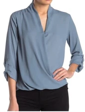 PLEIONE Solid Surplice High/Low Women's Blouse in Caspian Blue Gray Size XS