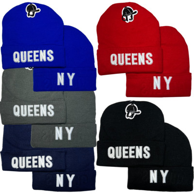 QUEENS NY 3D Embroidered Plush Lining Fold Knitted Warm Ski Winter Hats Lot 1-12