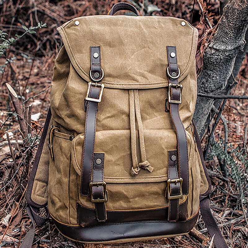 Waxed Canvas Leather Backpack Vintage Rucksack Canvas