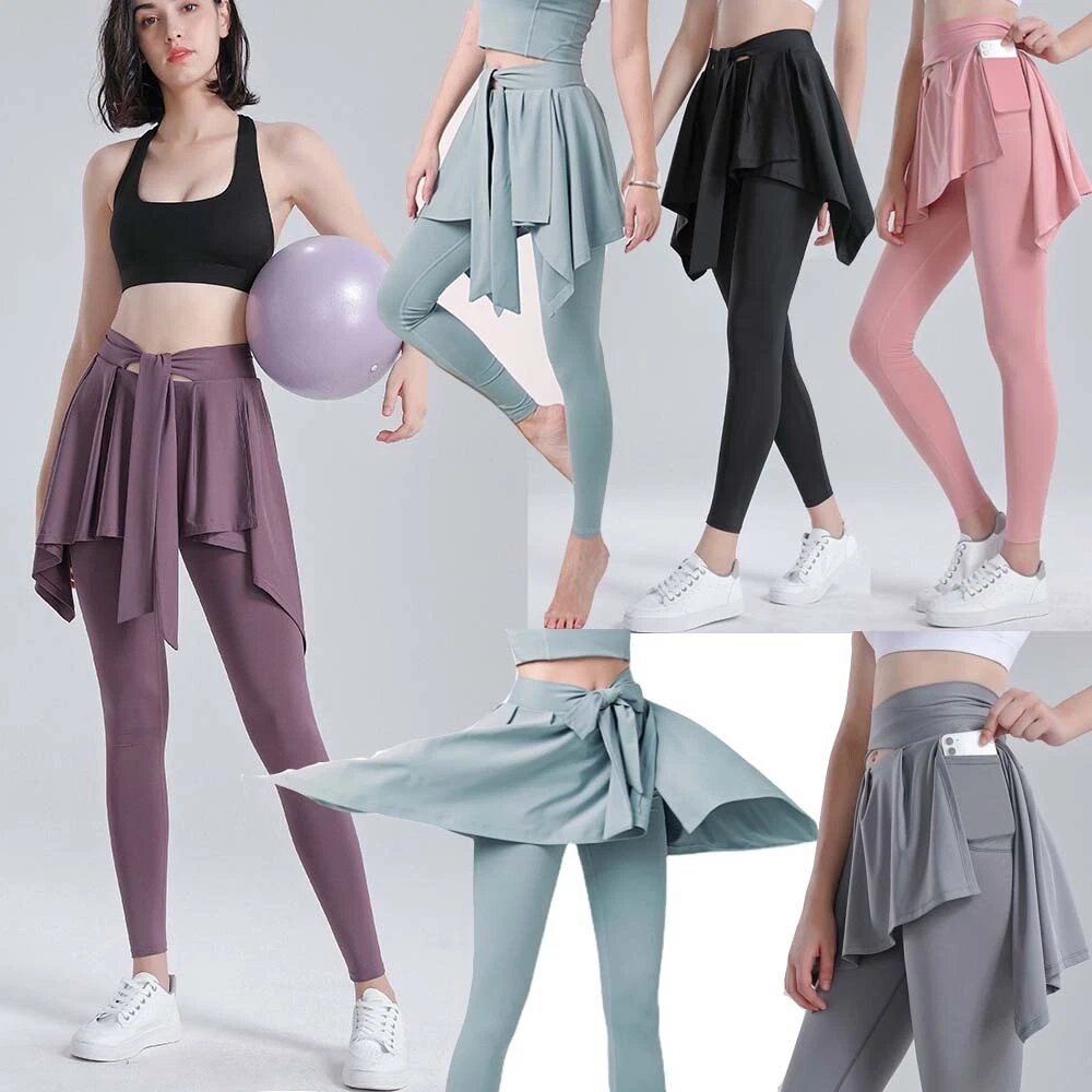 Women Workout Tennis Skirted Leggings Athletic Skirts Gym Yoga Pants with  Pocket