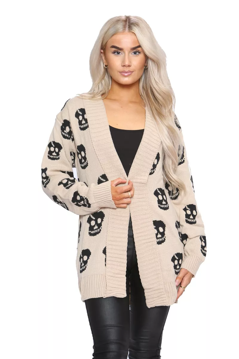 New Ladies Skull Knitted Gothic Halloween Open Cardigan Top UK