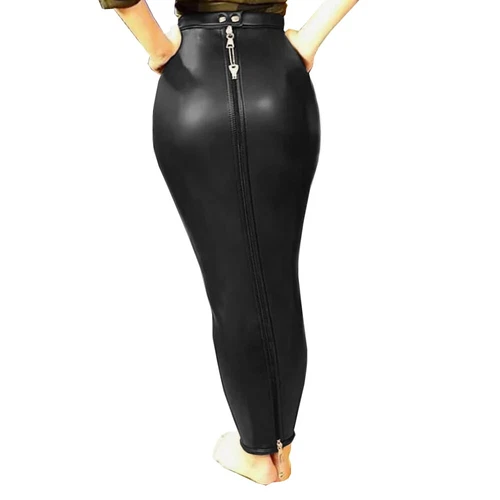 Sexy Women PU Leather High Waist Full Zip Lockable Sissy Hobble Pencil Skirts - Picture 4 of 32