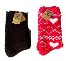 Victoria's Secret PINK 2 Fuzzy Socks Red Hearts & Plain Black One Size OSFM NEW