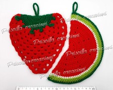 Coppia di presine cucina in lana fatte a mano all'uncinetto - Anguria e Fragola