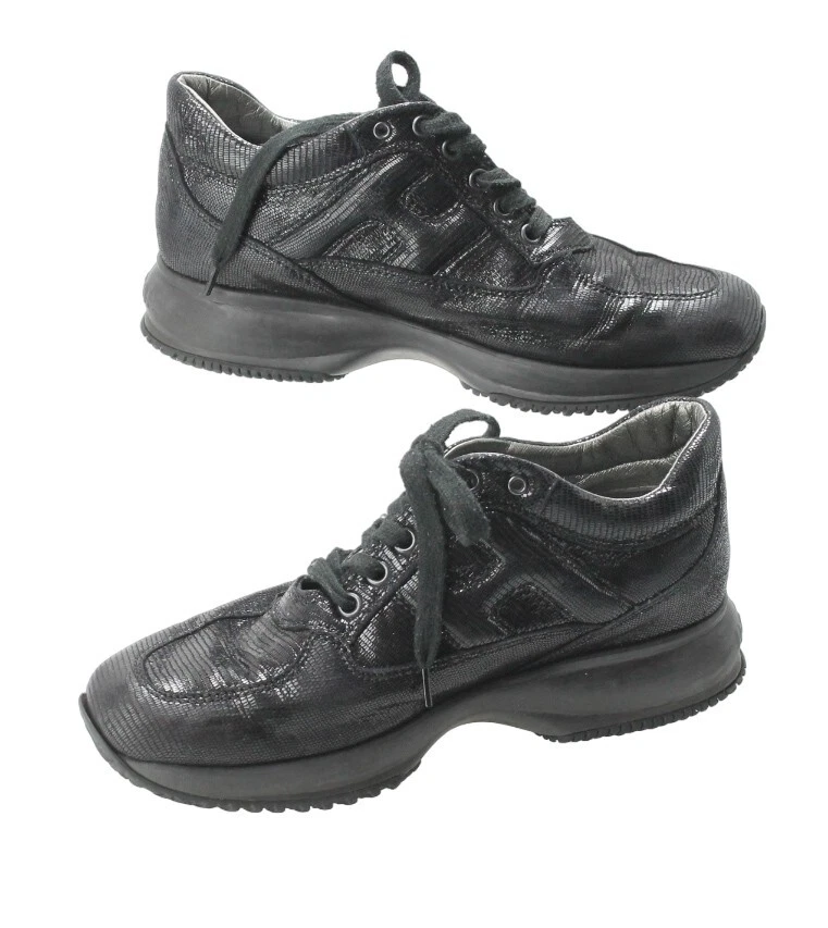HOGAN Baskets Femme EU 37,5 À Lacets Bout Amande Noir Brillant - Photo 2/4