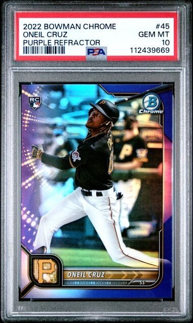 2022 BOWMAN CHROME MLB #45 Oneil Cruz Pirates RC Purple Refractor /250 PSA 10