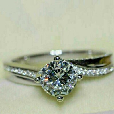 Solitär-Verlobungsring Ehering 2 kt Rundschliff Diamant 14 kt Weißgold-Finish