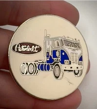 Vintage Large Peterbilt Cabover Semi Truck Enamel Lapel Pin Round White Blue