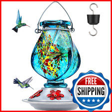 BOLITE 22oz Hand Blown Glass Hummingbird Feeder, Ant Moat, 5 Bee-Proof Ports, Bl