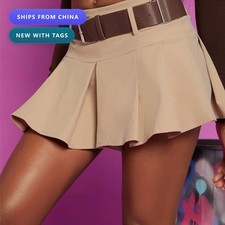 Modern Nomad Women's Pleated Mini Skirt Tan Polyester Zipper Casual
