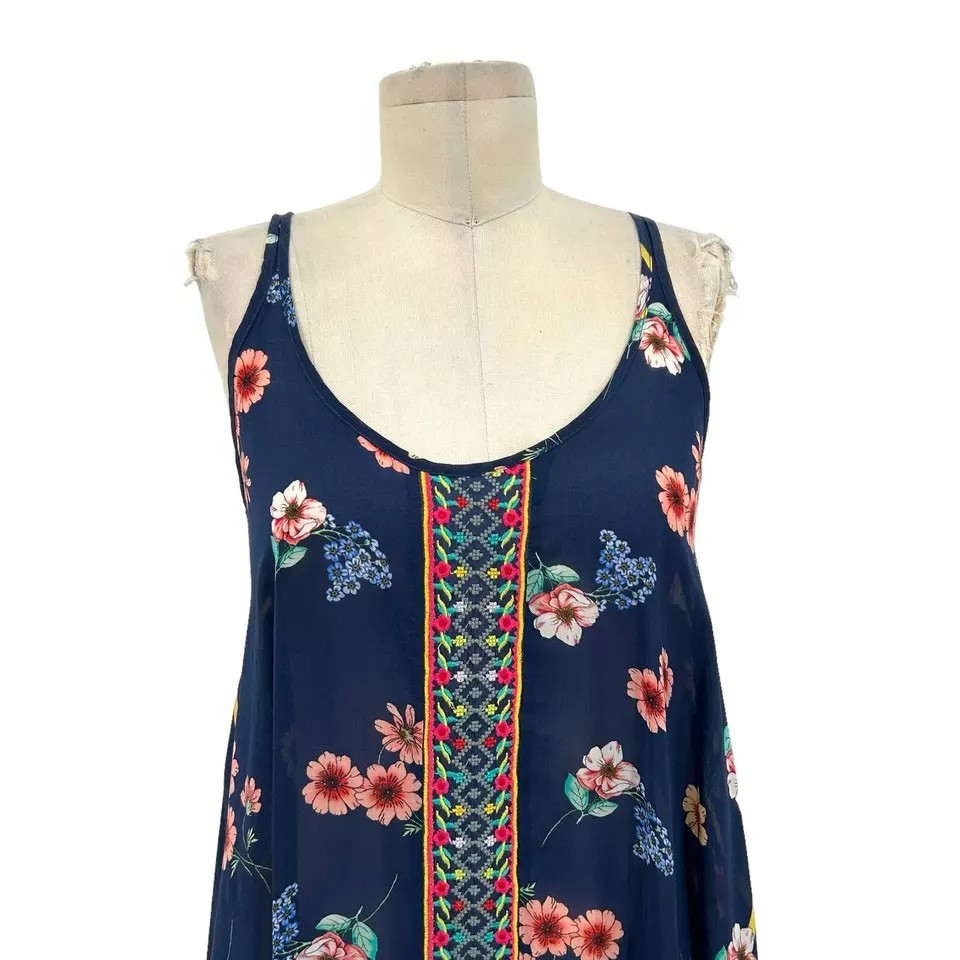 Johnny Was blue floral silk dress embroidered trim size Large no slip