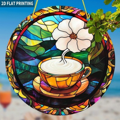 Acrylic Suncatcher Cozy Tea/Coffee Cup & Flower Design Window/Living Room Decor