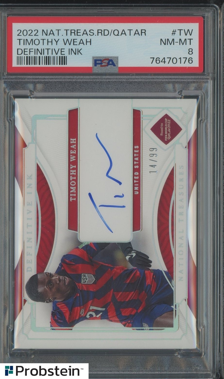 2022 National Treasures Soccer Definitive Ink Timothy Weah AUTO 14/99 PSA 8 view 1