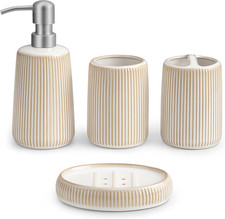 Ceramic Bathroom Accessories Set 4 Piece, Soap Dispenser with Stainless Steel Pu