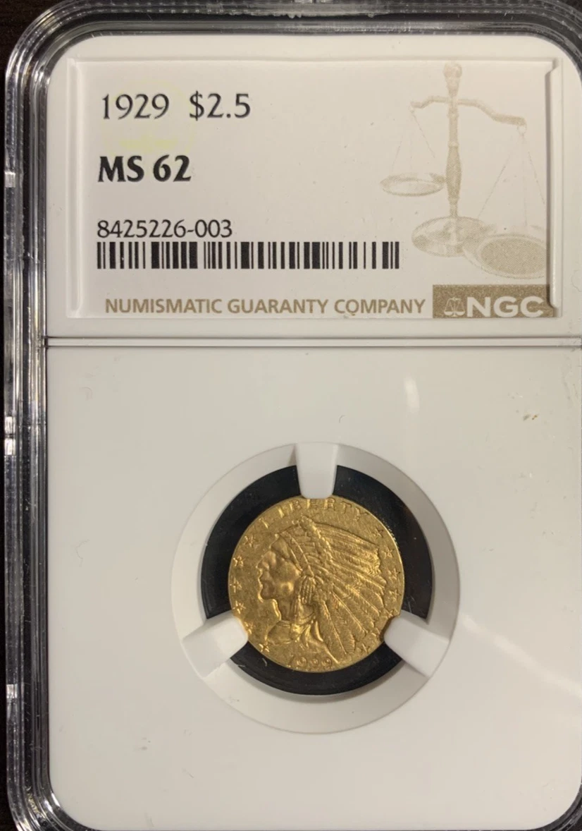 MS 62 Graded 1929 Year Quarter Eagle $2.50 US Gold Coins (Pre
