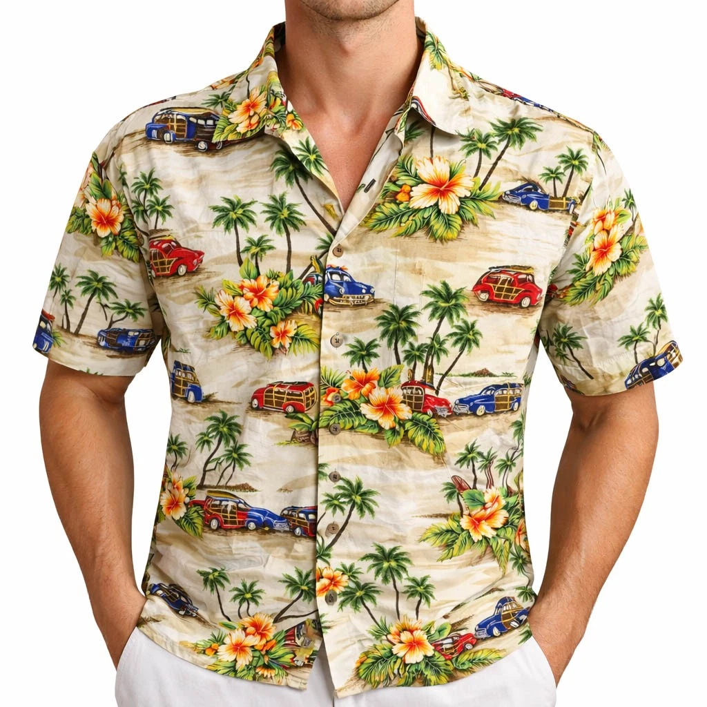 Aloha Republic Hawaiian Aloha Shirt 2XL Woody Cars Surfboards Palms Flowers