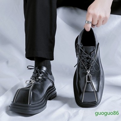 Men's Square Toe Zipper Decor Dress Leather Derby Shoes Stage Evening Wide Foot