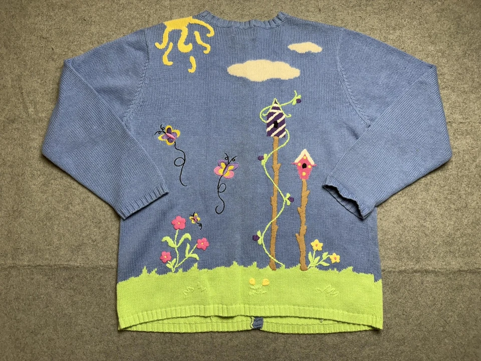 Quacker Factory Sweater Womens Large Blue Angel Birdhouse Cardigan Whimsical - Image 2 of 4