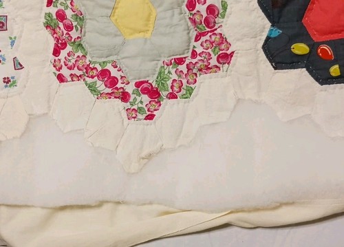 Vintage Grandmother’s Flower Garden Quilt Top 76X 86 Hand Pieced & Neat Quilting - Picture 17 of 20