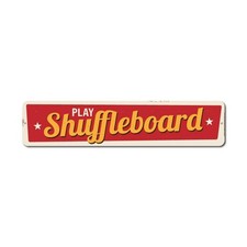 Play Shuffleboard Sign, Custom Game Winner Aluminum Decor, 4" x 18", Red