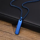 Men Blue Rectangular Bar Necklace Stainless Steel Simple Pendant Wheat Chain 24'