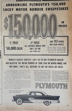1956 newspaper ad for Plymouth Lucky Number Sweepstakes- world's easiest contest