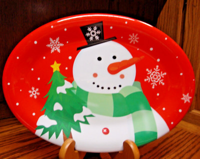Christmas Snowman Melamine Oval Platter 13.8''x9.8'' Red w/Snowflakes~Winter   924