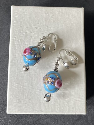 Vintage Marvella Gold Sterling Blue Venetian Murano Glass Wedding Cake Earrings