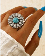 SILVER FLOWER TURQUOISE STONE RING SIZE 7