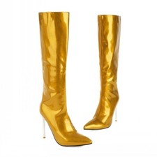 Women Pointy Toe Stilettos Heel Patent Leather Zip Up Knee High Boots Clubwear L