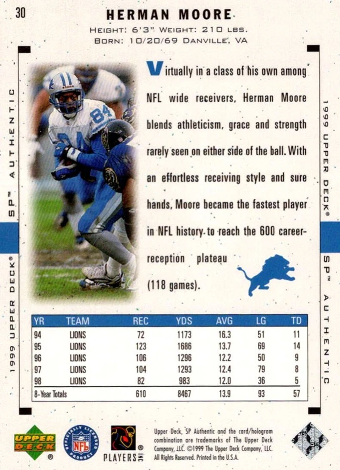 1999 SP Authentic Herman Moore Detroit Lions #30 - Image 2 of 2