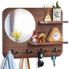 Coat Rack with Shelf Rustic Wooden Wall Mounted Hanging Mirror Shelves and