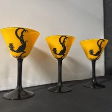 3 Bohemian Czech Orange & Black Tango art Glass COCK TAIL shillouette Glasses