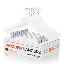 Wood Hangers with Clips, Premium Wooden Hangers for Clothes, 24 Pack White