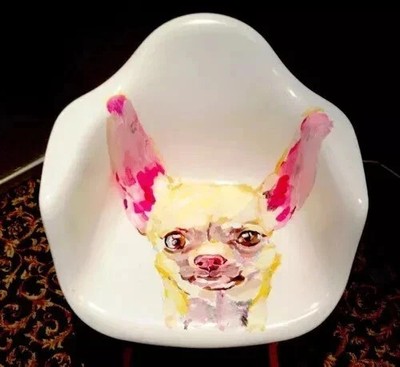 EAMES ARMSHELL CHAIR ORIGINAL PAINTING SIGNED CHIHUAHUA DOG UNIQUE LA STREET ART