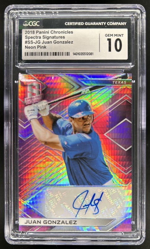 2018 Chronicles Juan Gonzalez Spectra Signatures Neon Pink Auto #/35 CGC 10
