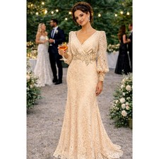 Mac Duggal Lace Long Sleeve V Neck Embellished Gown Blush size 12