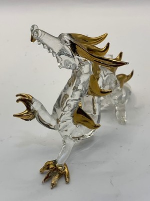Vintage Clear Blown Glass Dragon Figurine With Gold Accents Handcrafted Beauty
