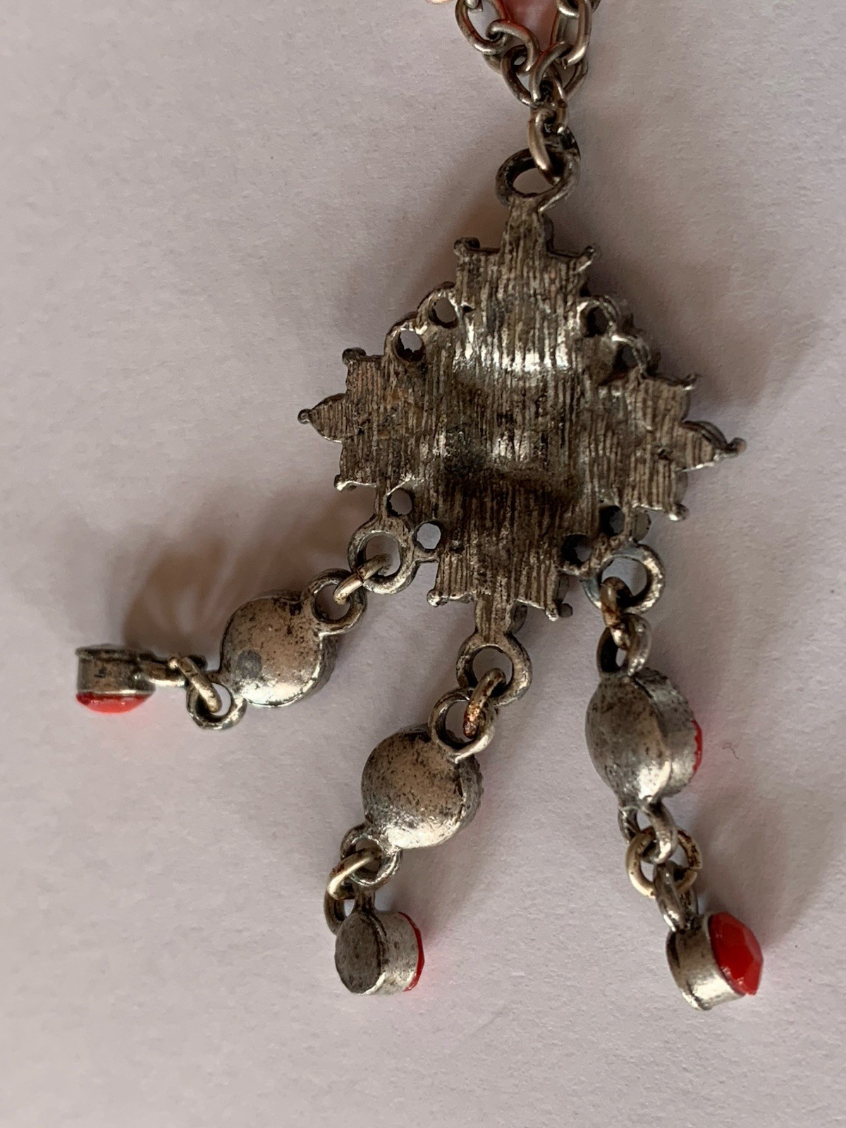 Delicate Designed Silvertone Red Beaded Pendant N… - image 6