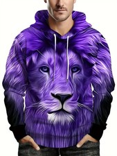 Bold Purple  Black Lion Face Graphic All Over Print 3D Hoodie - Adults  Youth