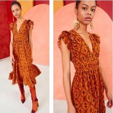 Ulla Johnson Anika Printed Silk Midi Dress Ochre Size 2