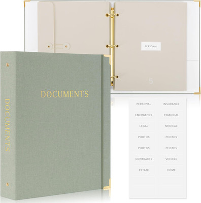 Document Organizer Set with Linen 3 Ring Binder Folders Envelopes Labels