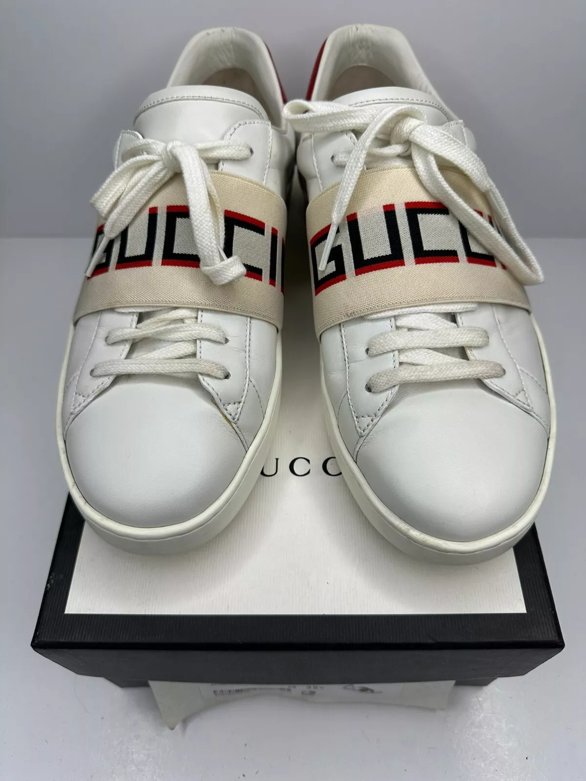 Baskets Gucci Ace Stripe hommes US 8,5 logo chaussures en cuir hauts bas Italie 523469