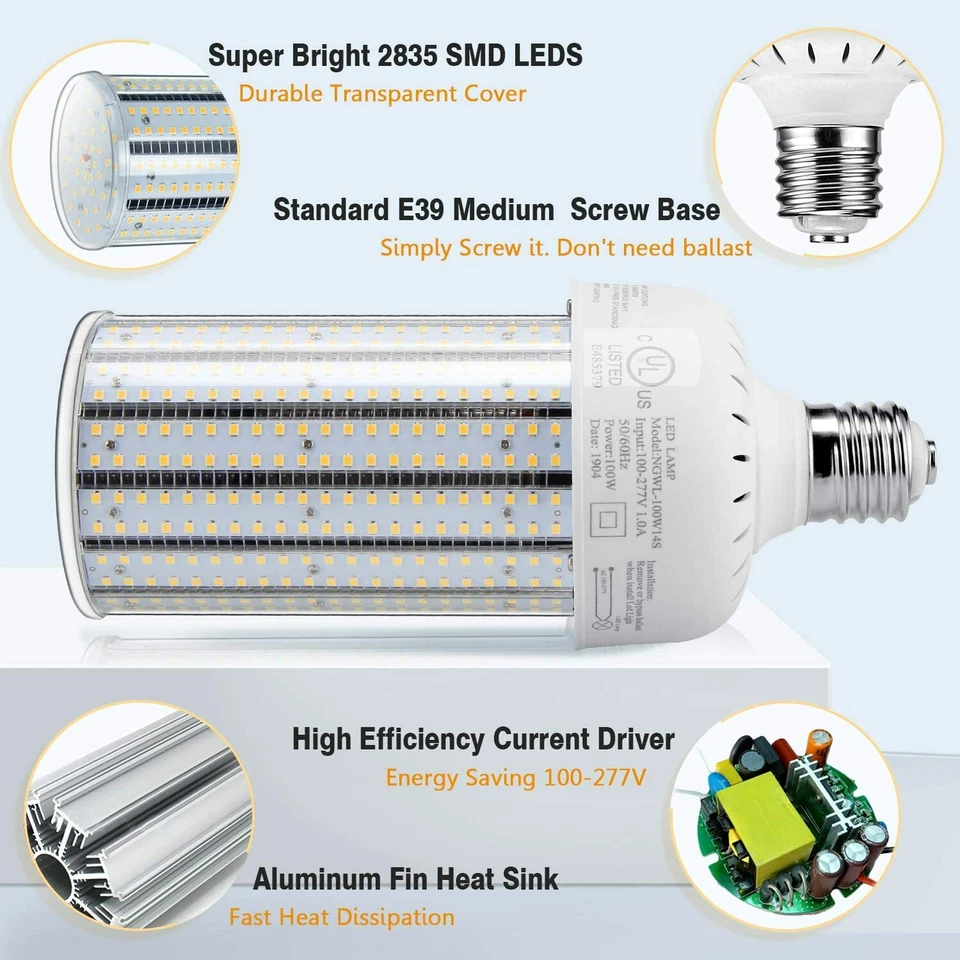 High Bay Warehouse Garage LED Corn Bulb 100W Cob Light E39 Mogul Base 5000K DLC - Image 2 of 4