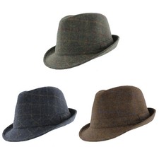 Wool Blend Trilby Hat Tweed Check Pattern Adults Mens Ladies Country Sized