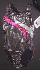 NWT Axis Gymnastic Dance Leotard charcoal/Silver/Azalea Foil Girls Medium 97193