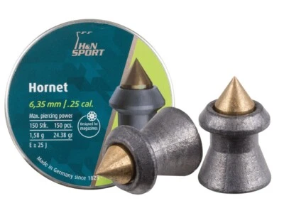 H&N Hornet 150 Count BRASS POINTED 6.35mm .25 Caliber Pellets MADE IN GERMANY