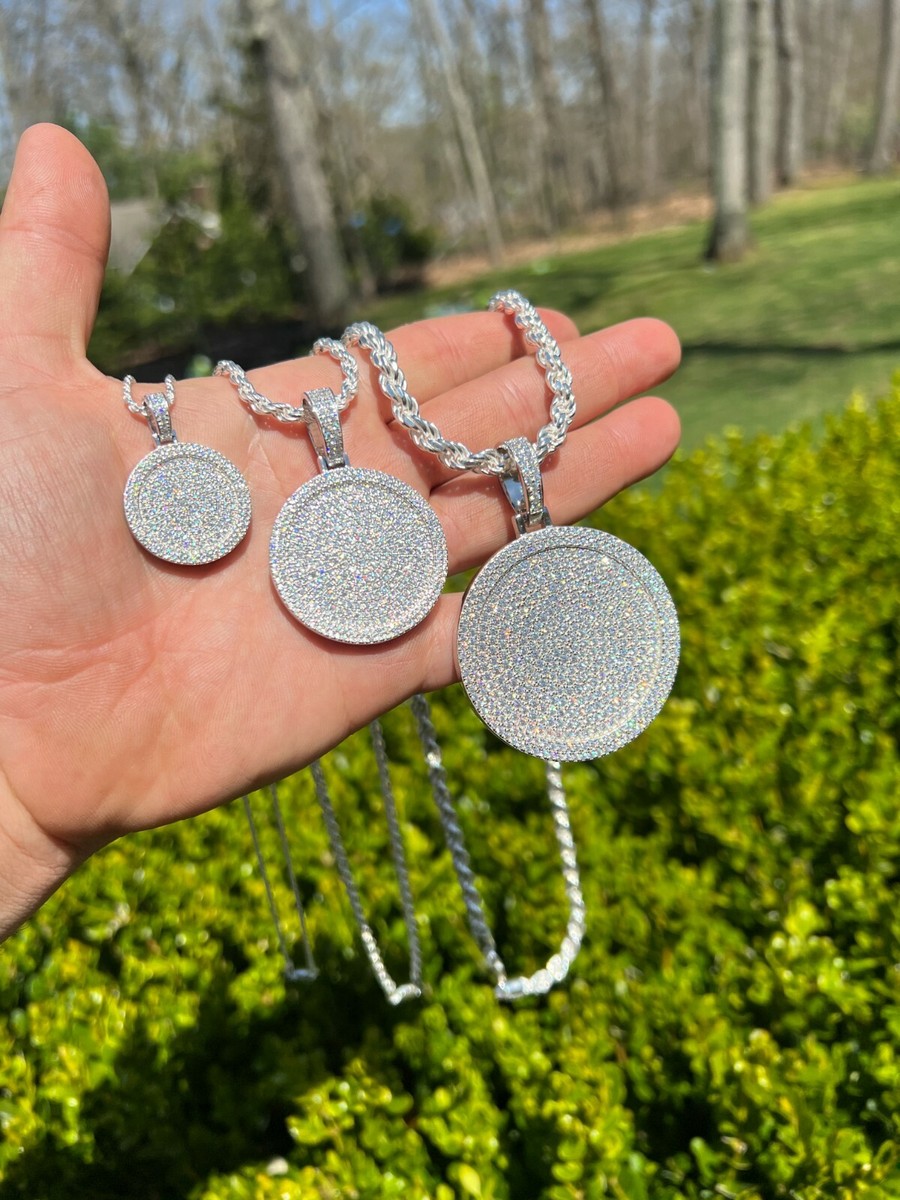 Real Solid 925 Sterling Silver CZ Iced Round Hip Hop Dog Tag Medallion Pendant Necklace - 3 Sizes Available